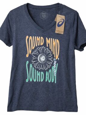 Asics Navy V-Neck Tee with Sunflower Graphic and Colorful Lettering